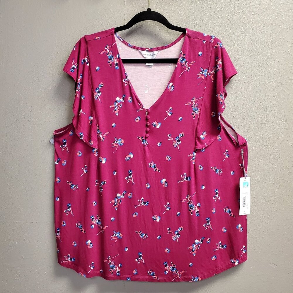 Liz Claiborne Blouse Womens 1X Pink Marid Rose Floral Short Sleeve V Neck New